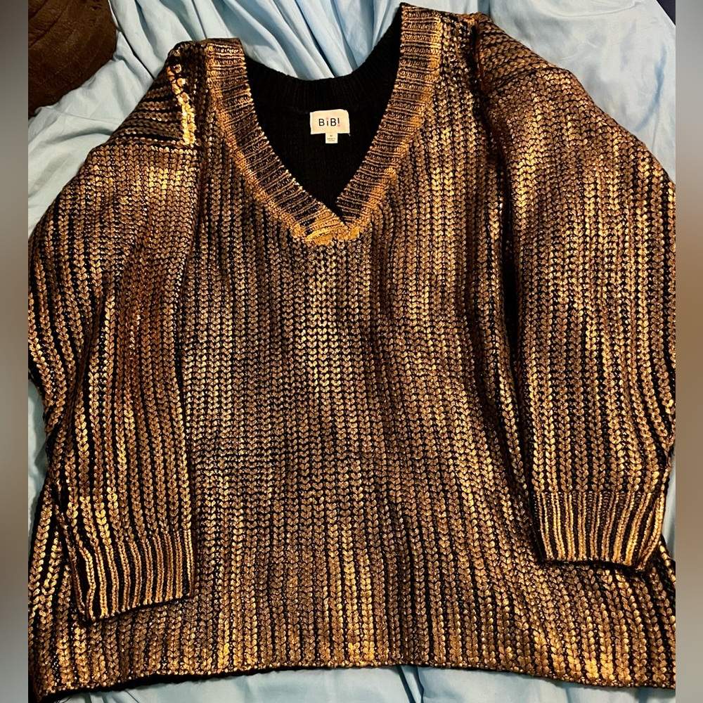 BiBi Gold Metallic and Black Oversized V-Neck Sweater - Medium